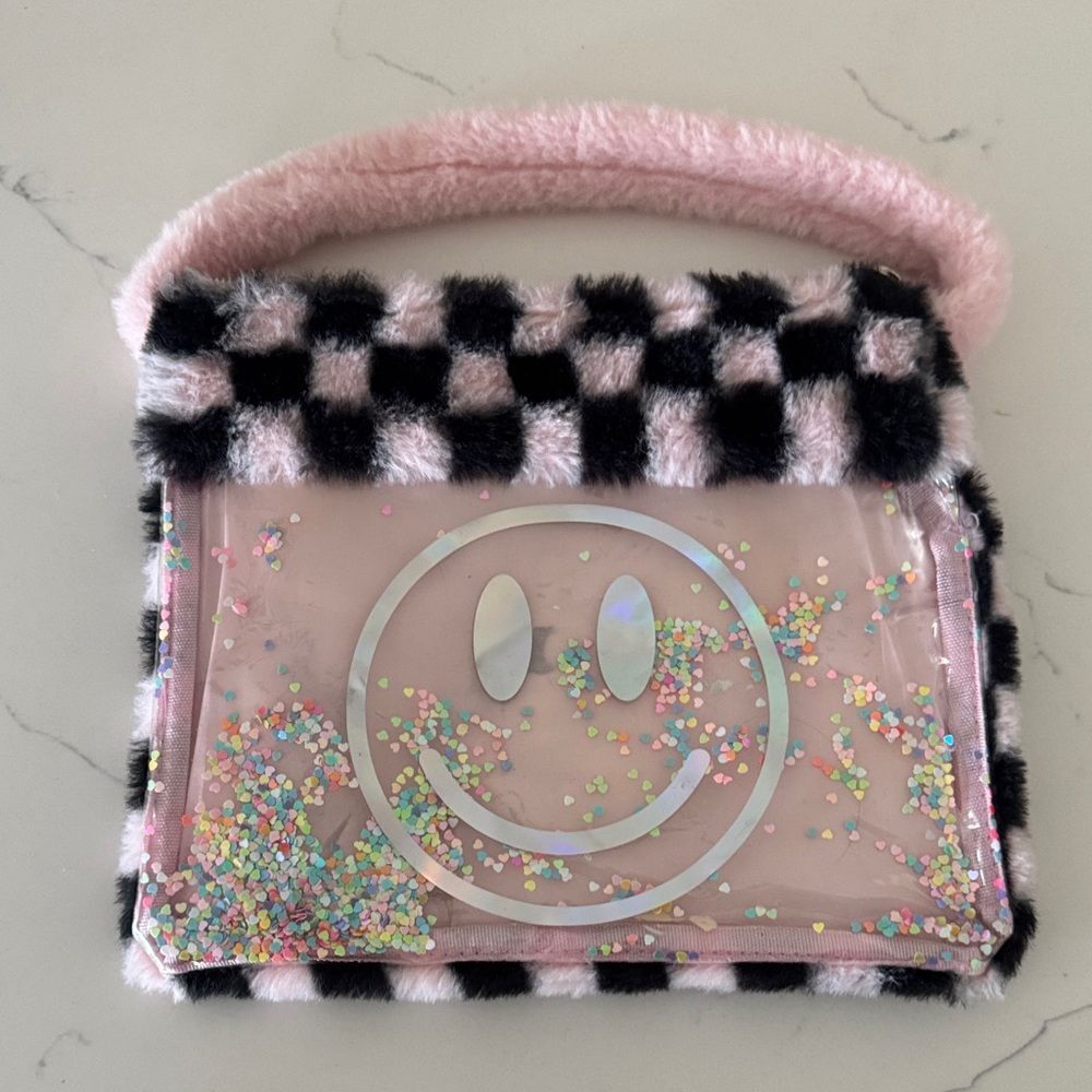 Claire's Fuzzy Pink and Black Checkered Bag